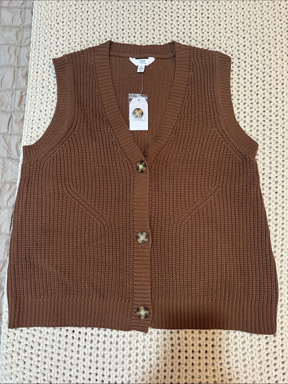NWT Time and Tru Brown Sleeveless V-Neck Button Front Sweater Vest
